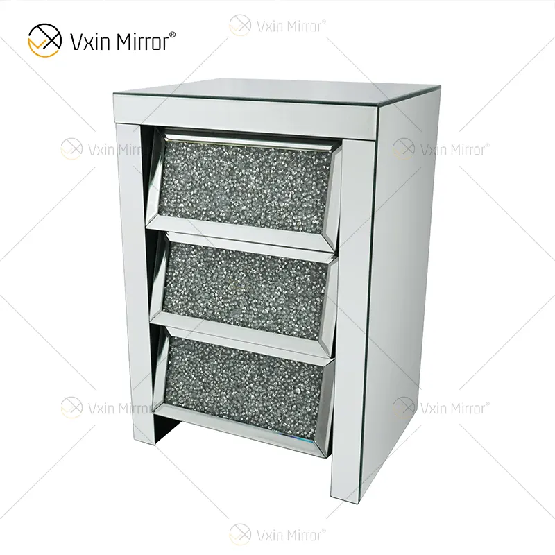 Vxin Mirror WXF-116 Silver Crushed Diamond Nightstand Bevel Bedside With 3 Drawer