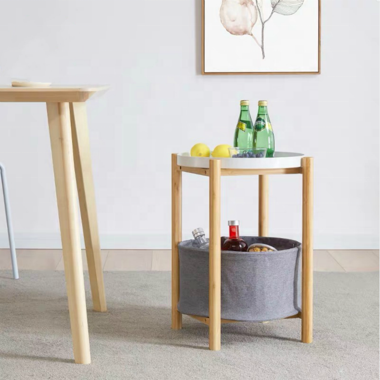 bamboo Side Table for bedroom with Fabric Storage