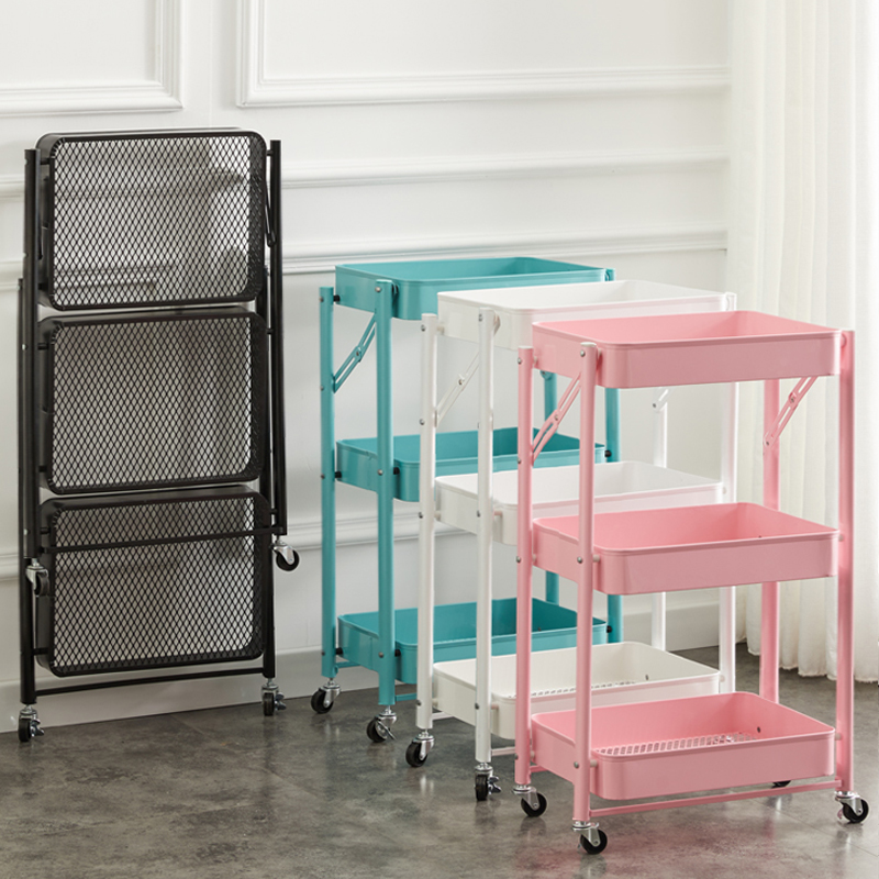 multifunction stainless steel metal Folding 3 three tier Utility Organizer rolling cart storage trolley rack for home kitchen
