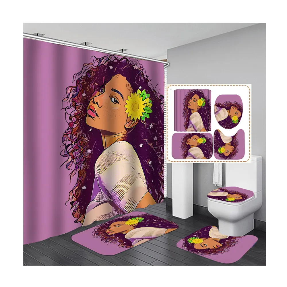 High quality wholesale purple african black girl shower curtain set for bathroom
