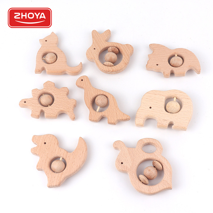 8 Design Animal Shape baby beech wooden rattle teether toys