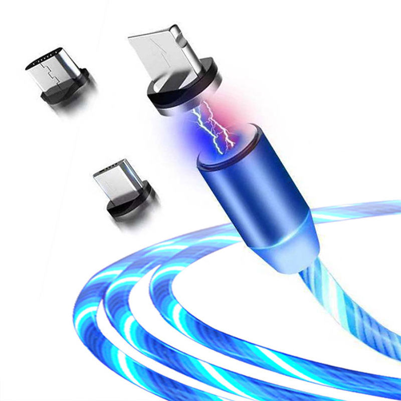 3 in 1 LED Flowing Light Magnetic Charge Cable Cellphone Fast charging Micro android i phone USB Charger Data mobile Cable Line