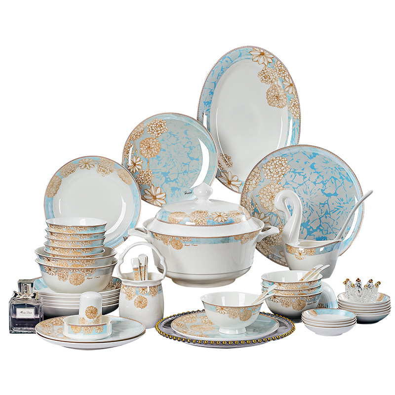 Europe High End Durable Tableware Elegant Flower Pattern Bowl Dish Plates Ceramic Dinnerware Set for 4 6 10 People