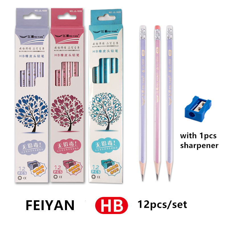 Wood Pencil Custom Logo Art Writing HB 2B Black Cheap Set School student Office striped pencil set with sharpener