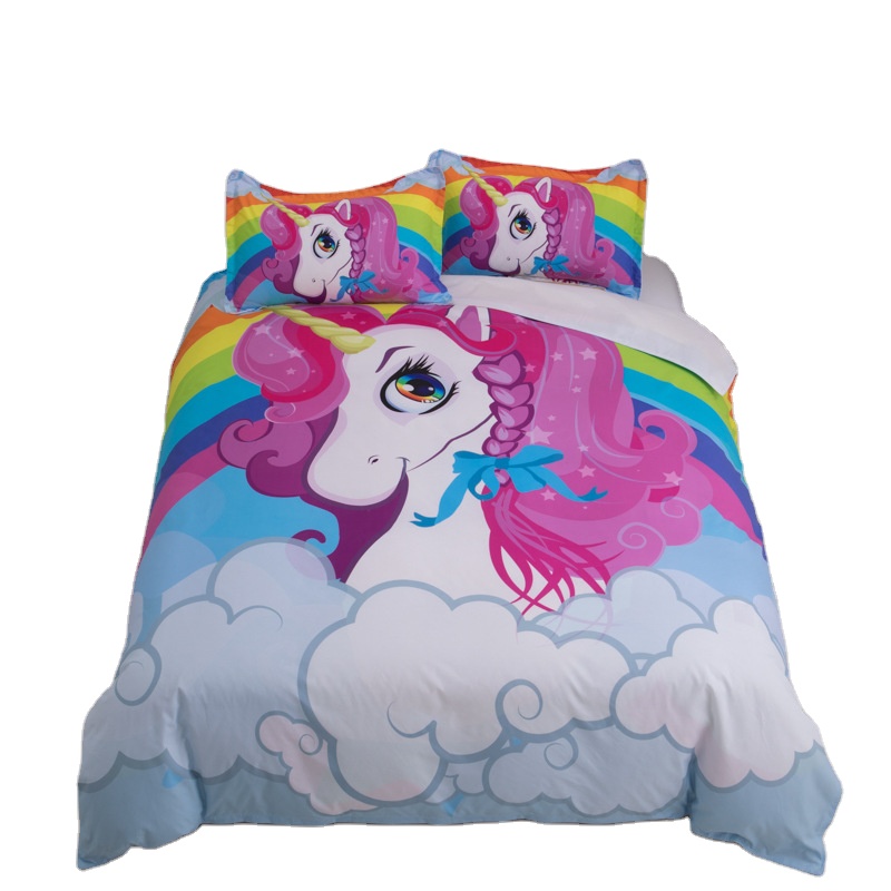 Customized cartoon unicorn design 3D digital printing bedsheet 4 bedding set for kid