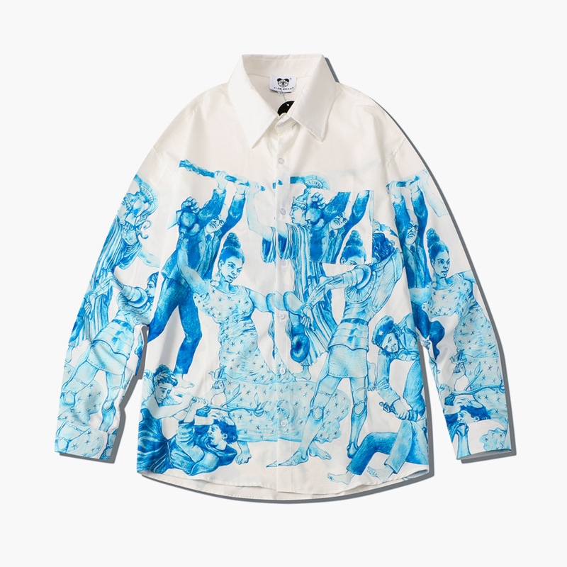Men's Thin Digital Printing Character Street Tide Brand Daily Lapel Youth Factory Hair Long Sleeve Loose Shirt