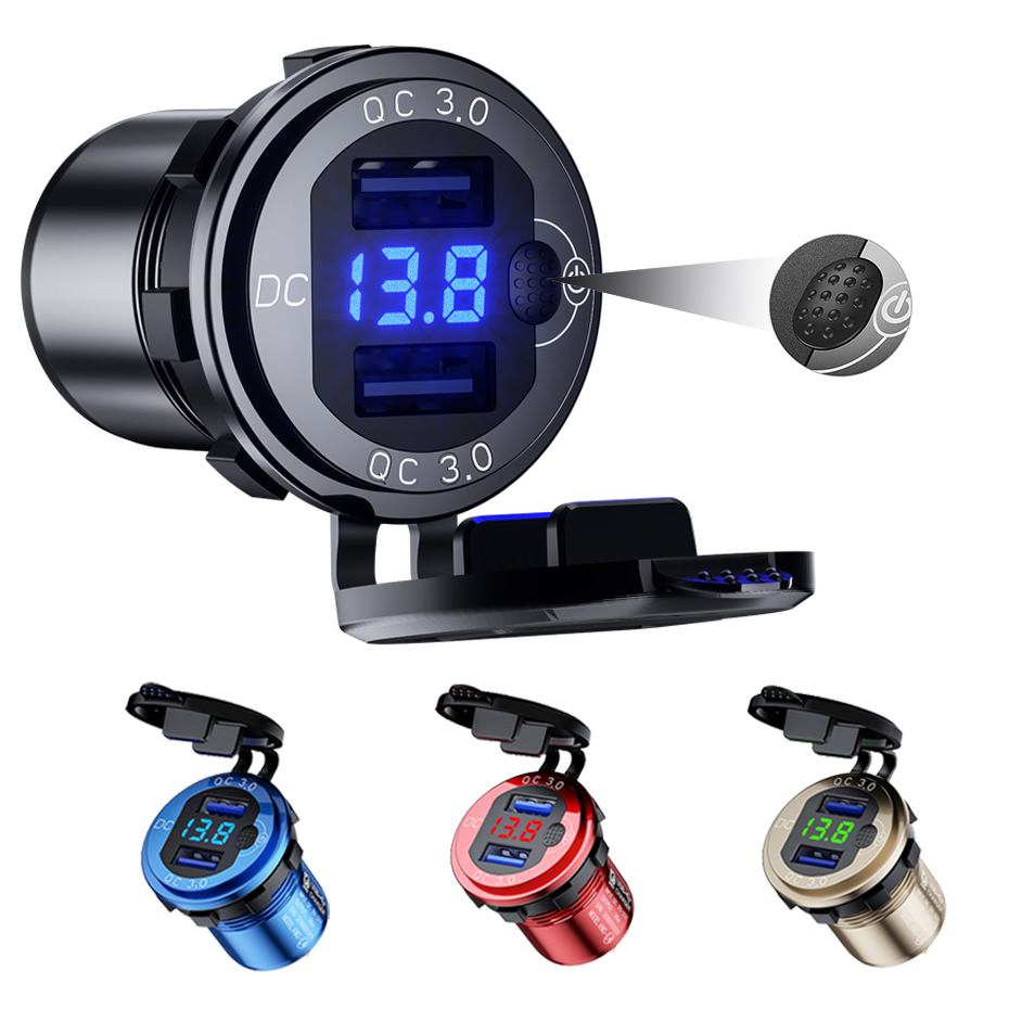 Розетка Автомобильная ROXGOCT 12 В 24 В с двумя USB-портами QC3.0 и переключателем включения и светодиодным вольтметром
