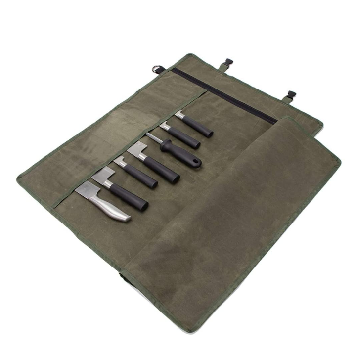 Custom Heavy Duty Waxed Canvas Chef Knife Roll Storage Bag Portable Home Kitchen Cooking Tools Roll Up Pouch Case With 10 Slots