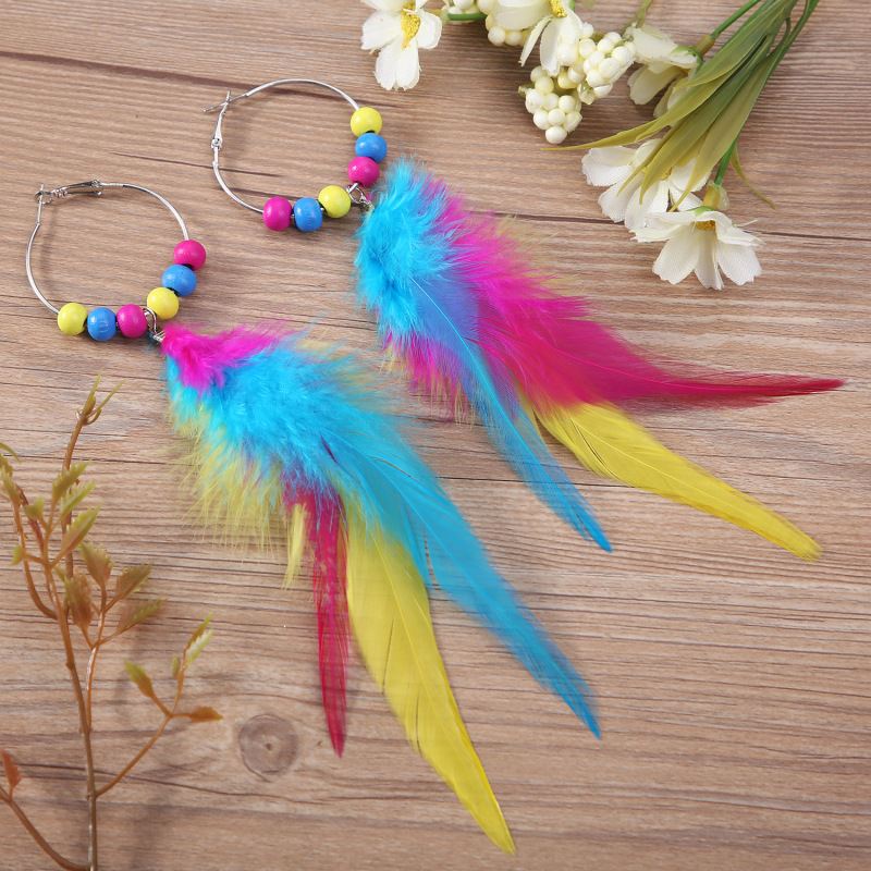 Colorful Feather Long Hoop Earrings Hoop Earrings Bright Color Resort Original Stylish Personality Jewelry