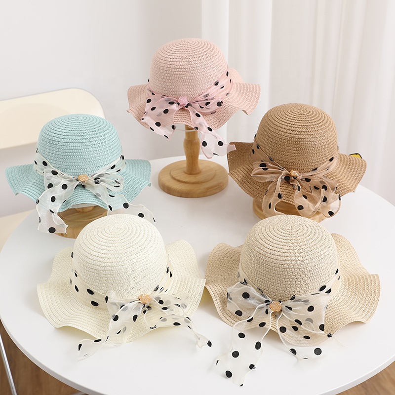 WD-A708 Girl Straw Cap Summer Hat and Bag Set with Big Bow 2024 Dot Design Beach Paper Children Unisex Image Sombrero Free Size