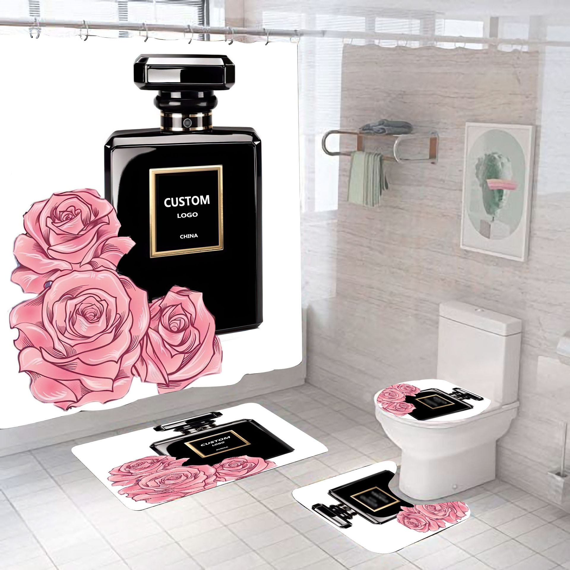 Wholesale Custom Luxury Famous Fashion Brand Designers Rug Cortina De Ducha Bathroom 4pcs Mat Set Shower Curtain