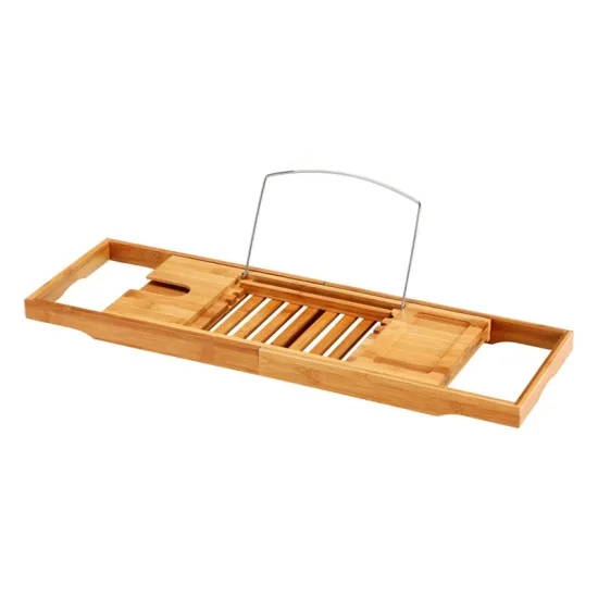 Wholesale Bamboo Bathtub Caddy Bath Tray with Mirror Shower Caddy with 2 Side Trays