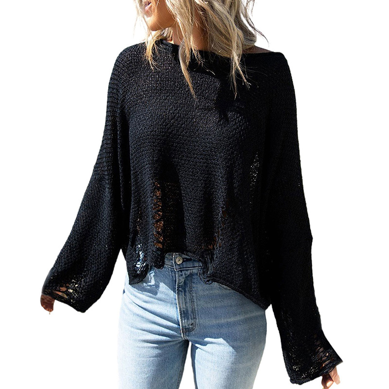 Hot Sale Black Loose Knit Sweaters Pullover Women Long Sleeve Distressed Sweater