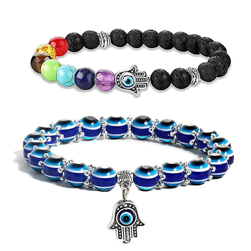 2Pcs /Set 7 Chakras Gemstone Lava Stone Hamsa Hand Bracelet Evil Blue Eye Beaded Charm Stretch Bracelet Handmade Jewelry