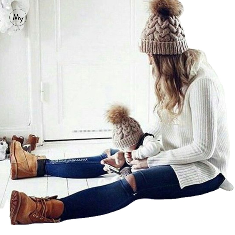 MY Miyar 2PCS/set Mom Mother+Baby Wniter Hat Acrylic Knit Hat for Kids Fashion Baby Pom Pom Hat