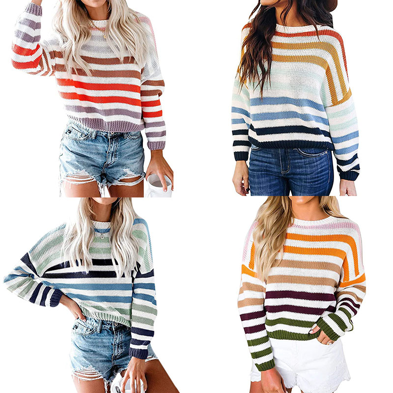 Hot Selling Winter Trendy Crew Neck Sweaters Women Pullovers Warm Stripes Long Sleeve Knit Sweaters women print crop sweater