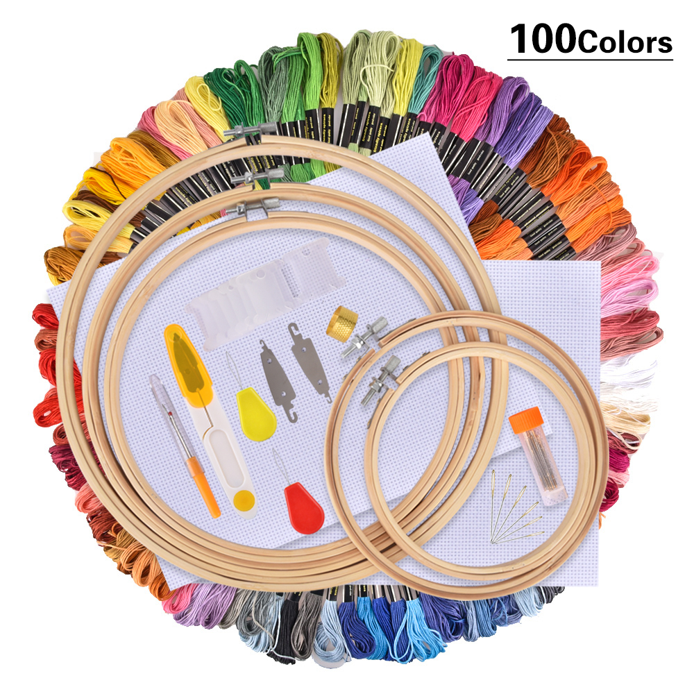 Wholesale 100 Colors Cross Stitch Kits Embroidery Hoop Frame Home Decoration Handmade Craft Sewing DIY Embroidery Kit