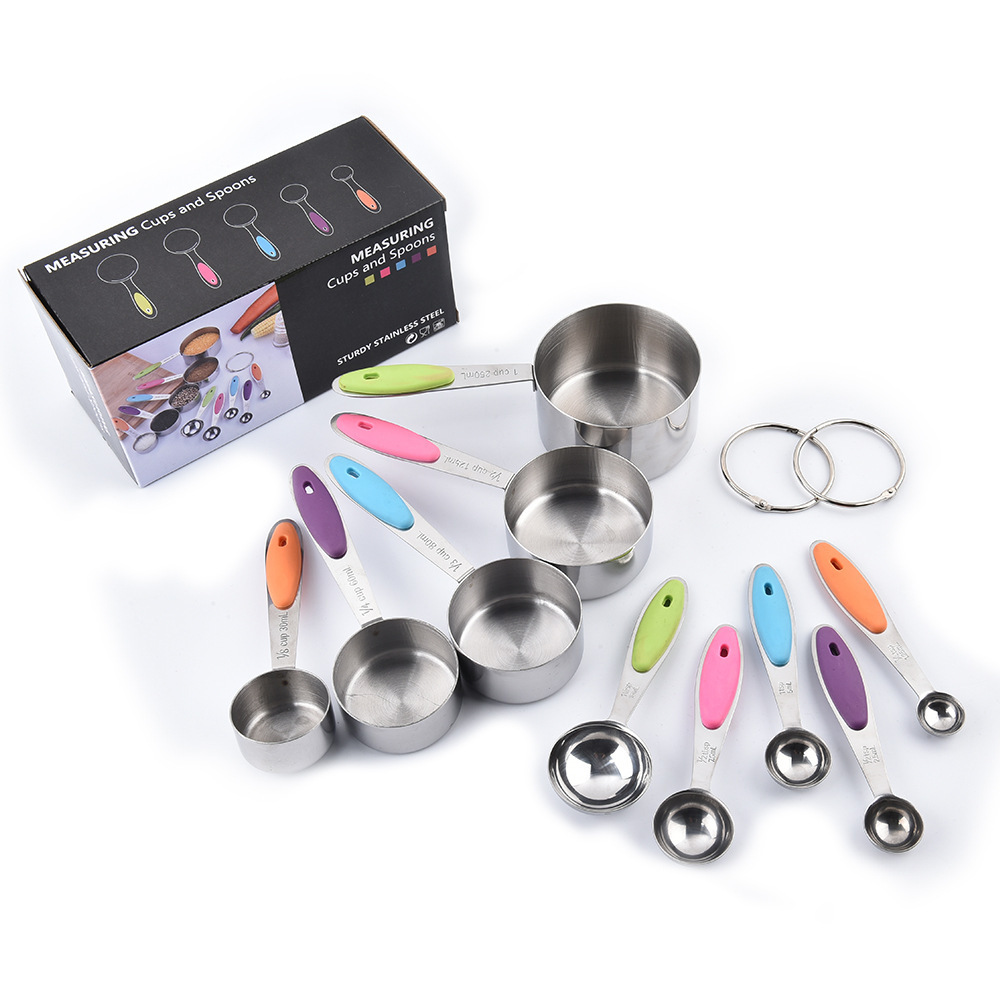 10-Piece Stainless Steel Measuring Cups and Spoons Set, Multicolored Measuring Cups with Silicone Handle for Cooking & Baking