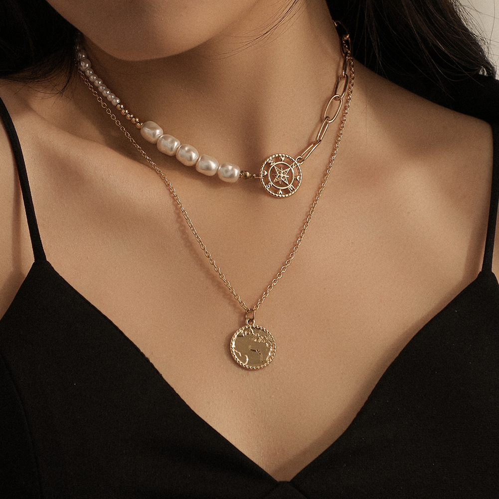 New personality double temperament pearl world map pendant necklace compass necklace