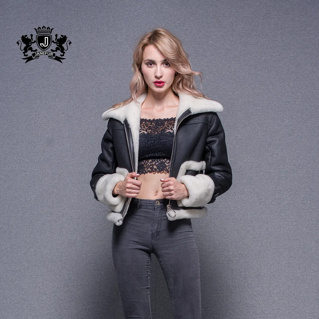 Women New Style Jacket Winter Coat Sheepskin Shearling Motorcycle Leather Jacket with Lamb's Wool Collar