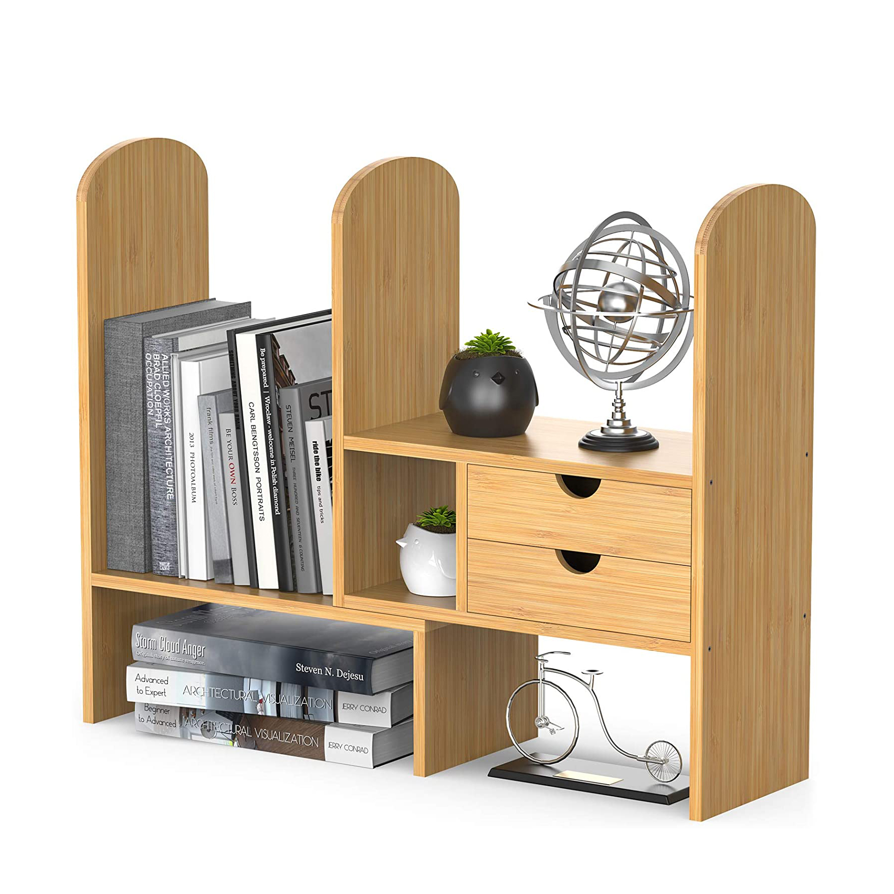 Bamboo Desktop Bookshelf Desk Storage Organizer Display Shelf Rack with 2 Drawers for Office Kitchen