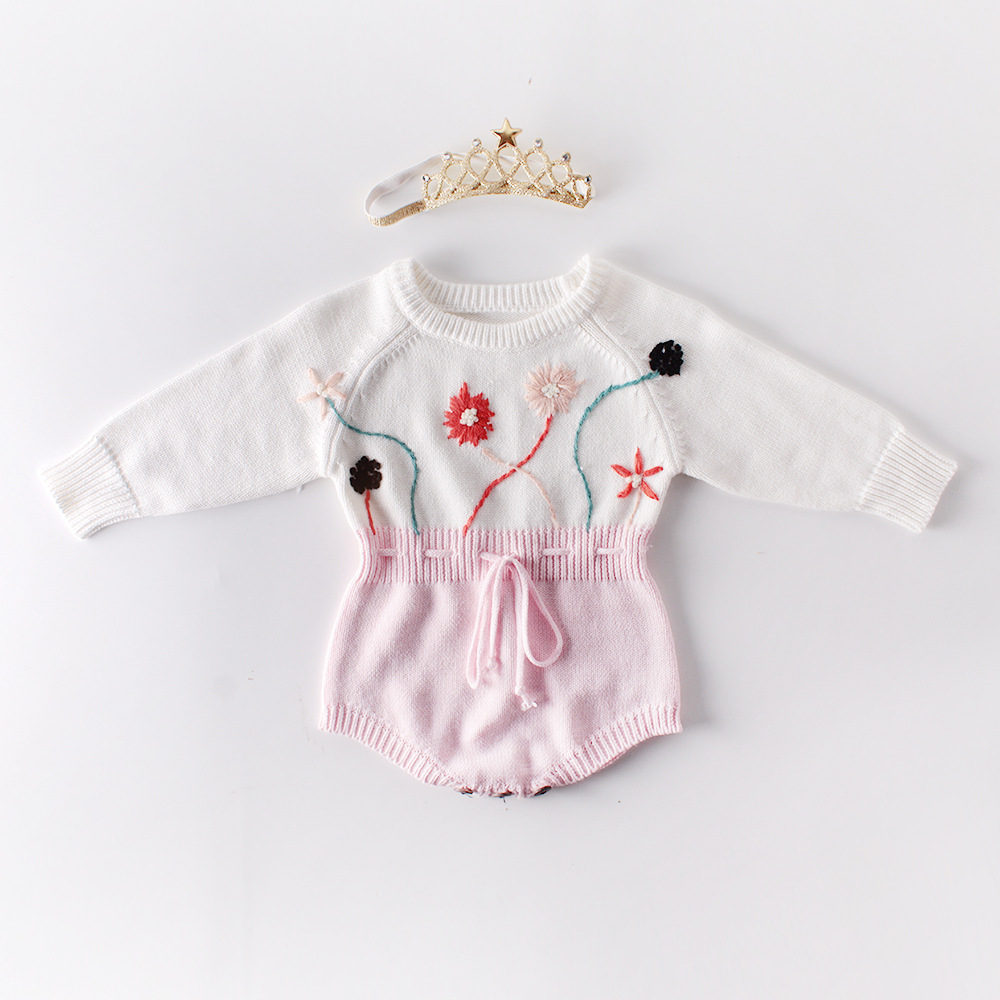 Embroidered Flowers Winter Cozy Long Sleeves Romper Cotton Baby Jumper Toddler Sweater Infant Knitwear Newborn Baby Jumpsuit