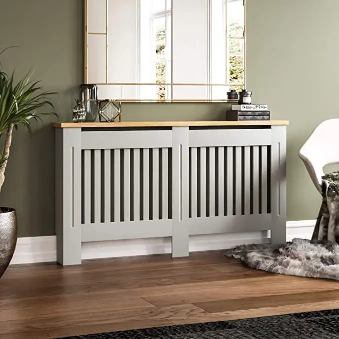 Radiator Cover Grey Modern Painted MDF Cabinet Slats Grill Wood Top Shelf