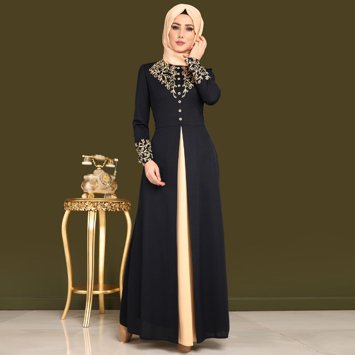 polyester long sleeve gold stamping Islamic clothing abaya dubai muslim dress long maxi dress for women