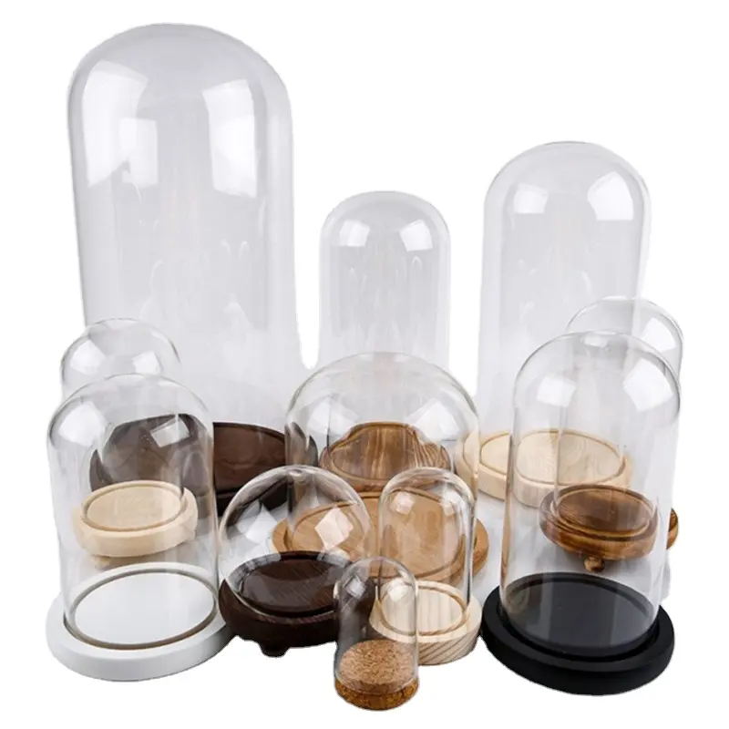 Borosilicate Clear Hand Blown Dust proof Glass Oval Bell Jar Cloche Glass Dome Cover With Wood Base