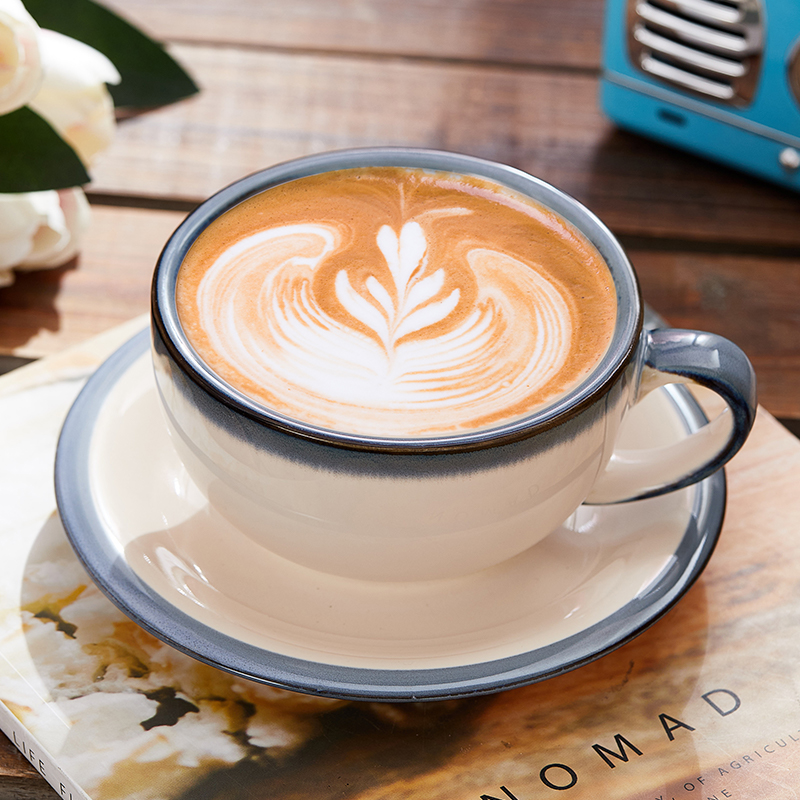 Barista Antique 12 oz Latte Art Coffee Cup with Saucer Thick Body Americano Ceramic Coffee Cup Set