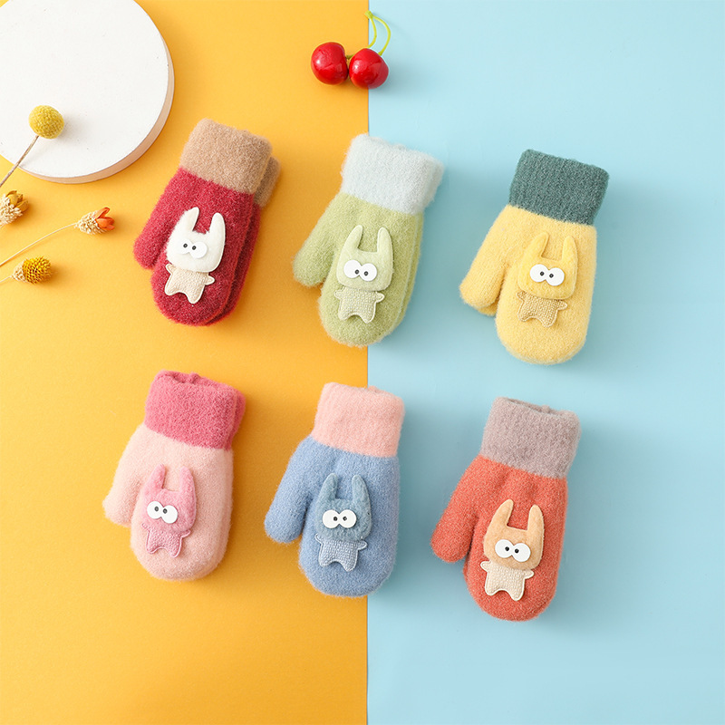 Winter Mittens Cartoon Cute Thickened Velvet Cold Proof Warm Halter Neck Boys and Girls Knitted Children Gloves