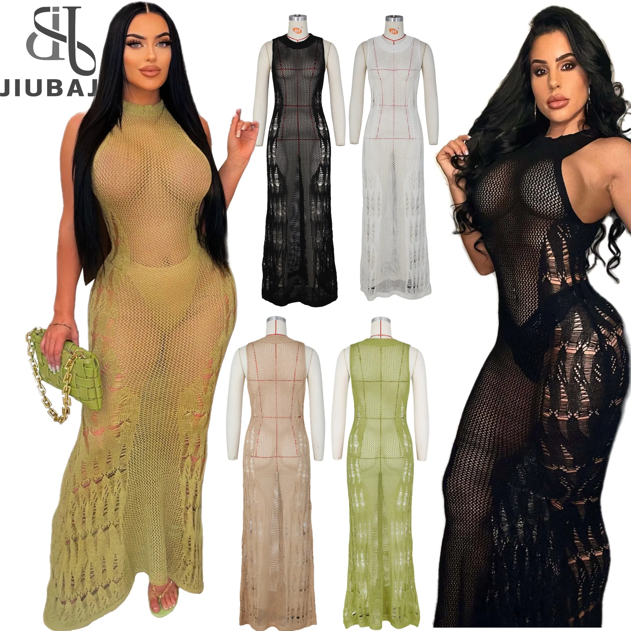 2023 New Fashion Hallow Out Long Knitted Beach Party Cover Up Sexy Outfits Beach Dress