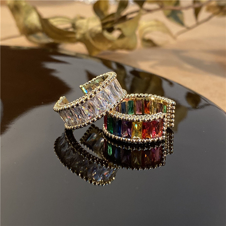 Simple All match Colorful Rainbow Flash Diamond Ring Opening Adjustable Iced Out Zircon Ring For Girl