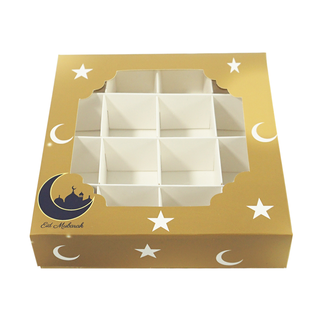 Золотая праздничная подарочная коробка Eid Mubarak, конфеты, шоколад, кондитерские изделия, 16 ячеек, Подарочная коробка Рамадан, вечеринка, мусульманская вечеринка, Подарочная коробка с окошком
