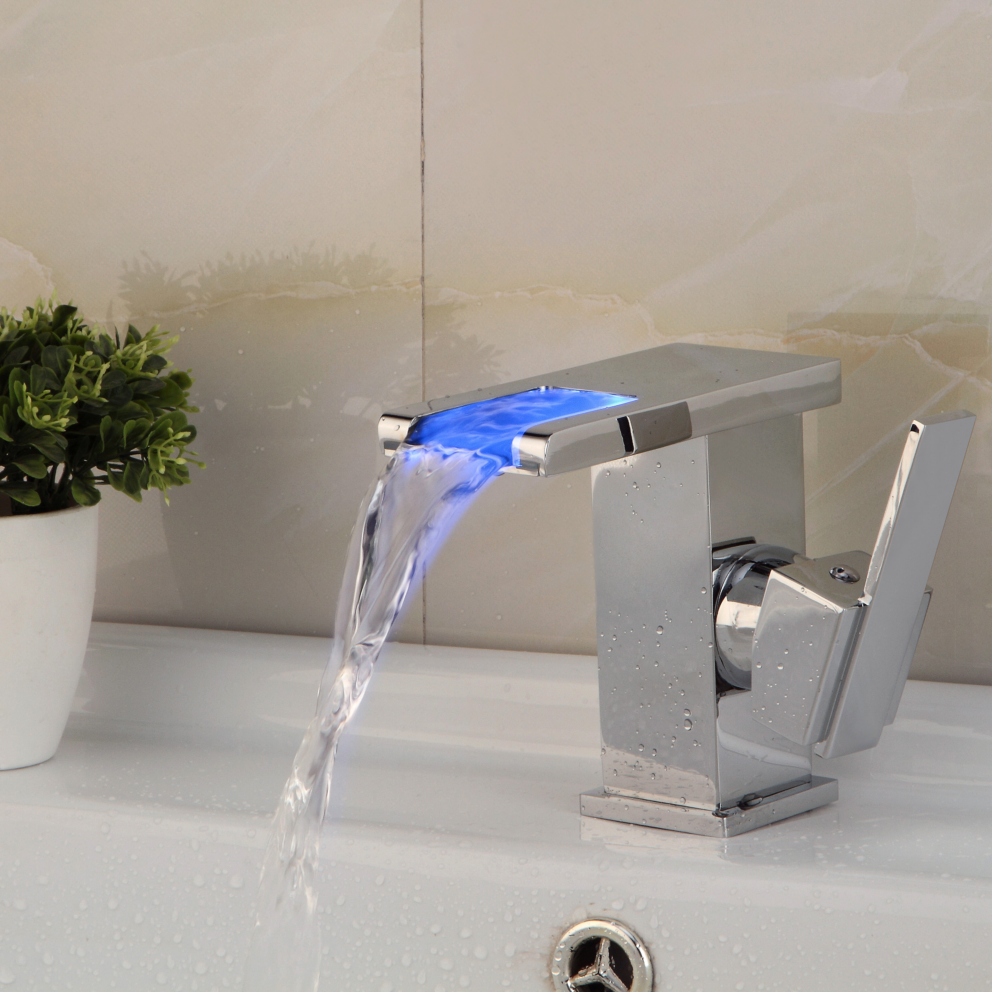 Hydropower LED Light With Three Color Deck Mounted Bathroom Basin Faucet Waterfall LED Faucet