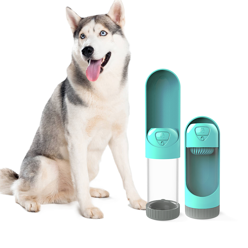 Plastic portable plastic 400ml dog drinking bottle with feeding water poop bags pet chew toy and training tool for wholesales