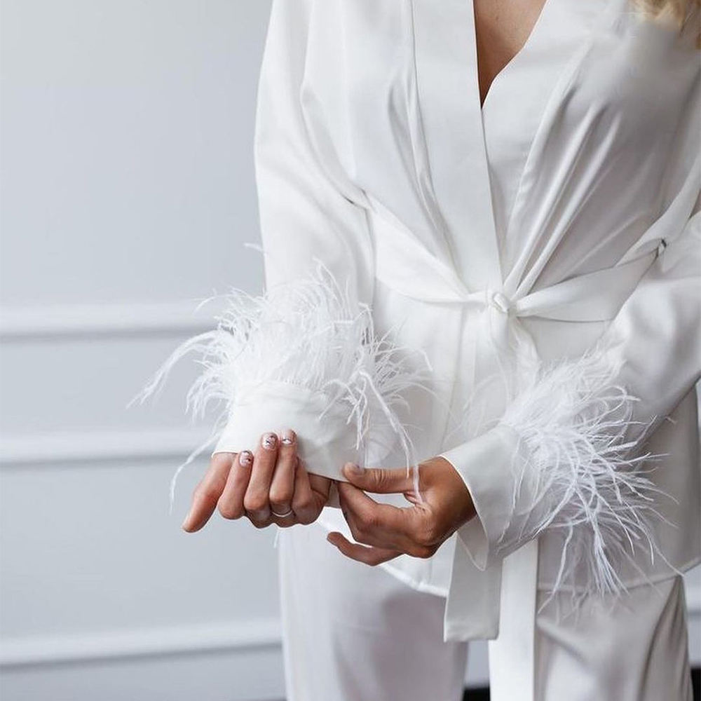 New Design Custom Robe Ostrich Feather Pajamas Set Luxury Party Womens Feather Satin Pajamas