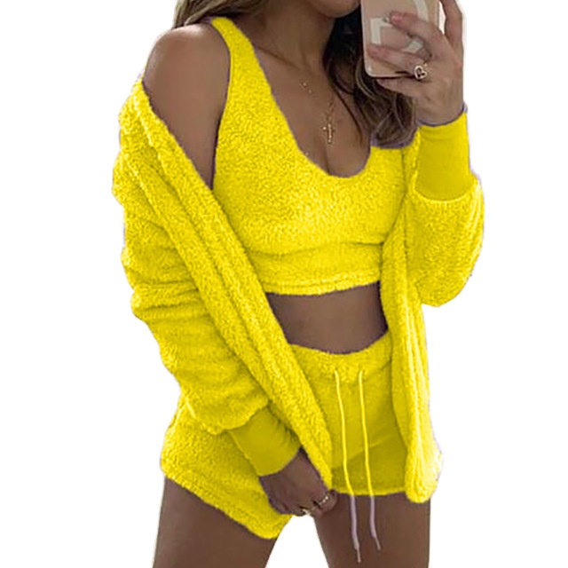 Fuzzy Warm Sherpa Fleece Coat Jacket Crop Top Shorts Set 3 Piece Pajamas Pijama Fleece Fluffy Winter Loungewear