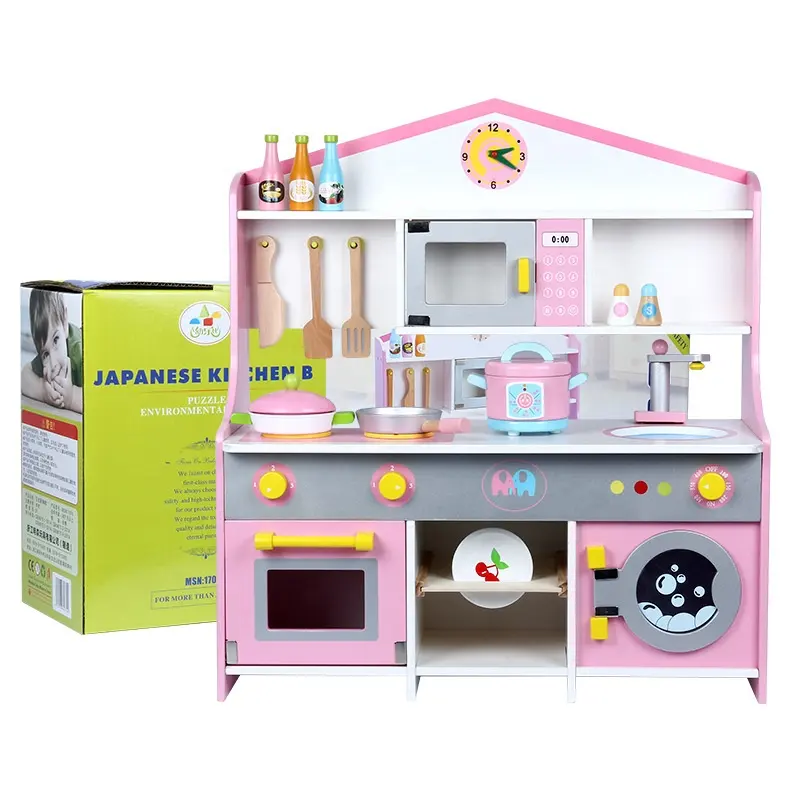 Wholesale Custom Safety Water Paint Wooden Big Pink Cooking Kitchen Set Toys