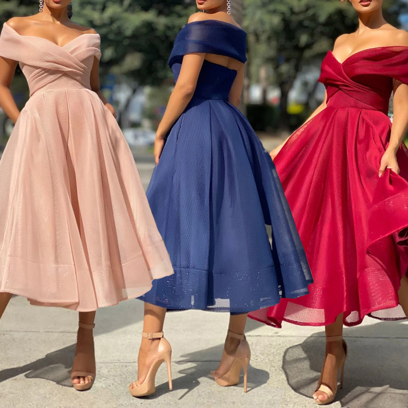 Vestidos Elegantes Hot Sale Slim Solid Dresses Evening Wedding Outfits Plus Size Women Elegant Sexy Off Shoulder Party Dress