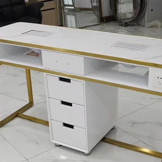 Best selling manicure table double seaters stainless steel frame manicure table with artificial marble countertop in cheap price