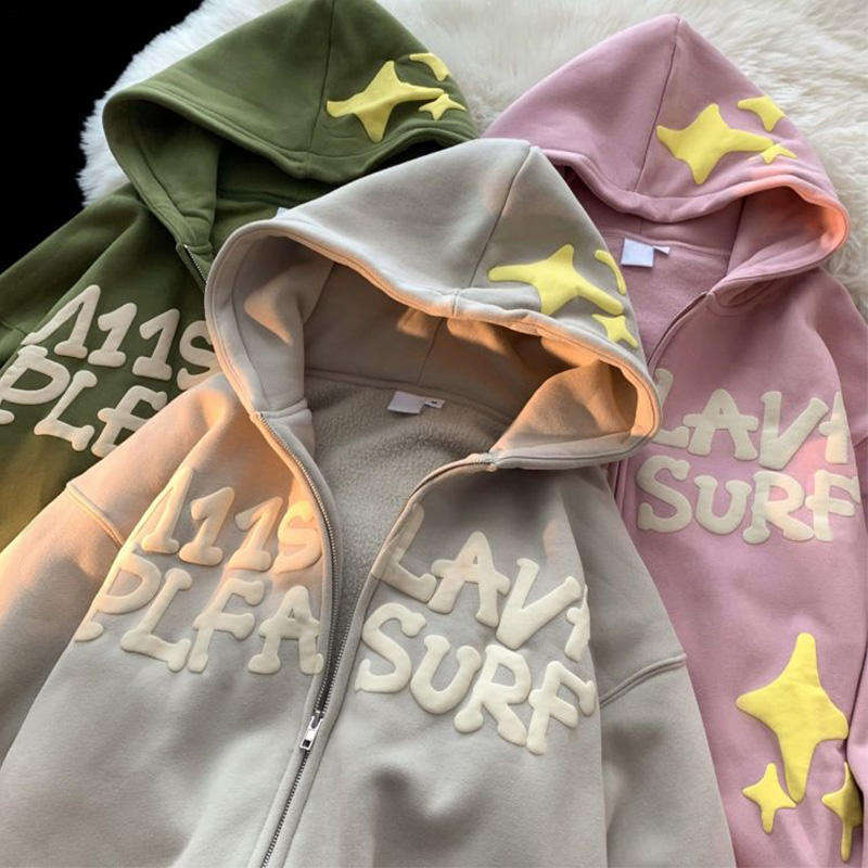 Customized Thick Cotton French Terry logo Zipper Puff Printed Hoodie Manufacturer Men's Blank Oversized Full Face Zipper