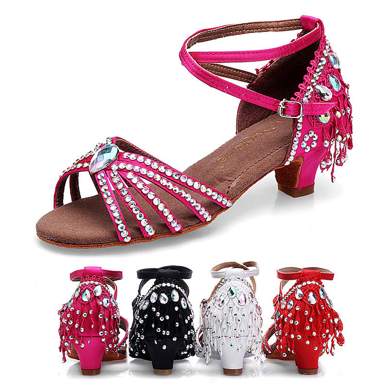 Children Latin Dance Shoes Diamond Girls Performing Soft Soles Satin Shoes Sandals Modern Salsa Dancing Shoes