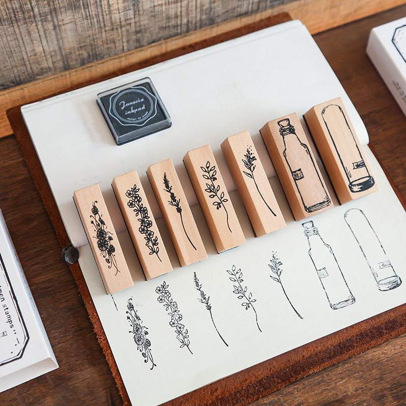 Retro Theaceae combination set wooden stamp Plant vase hand account seal hand Ledger decoration tools