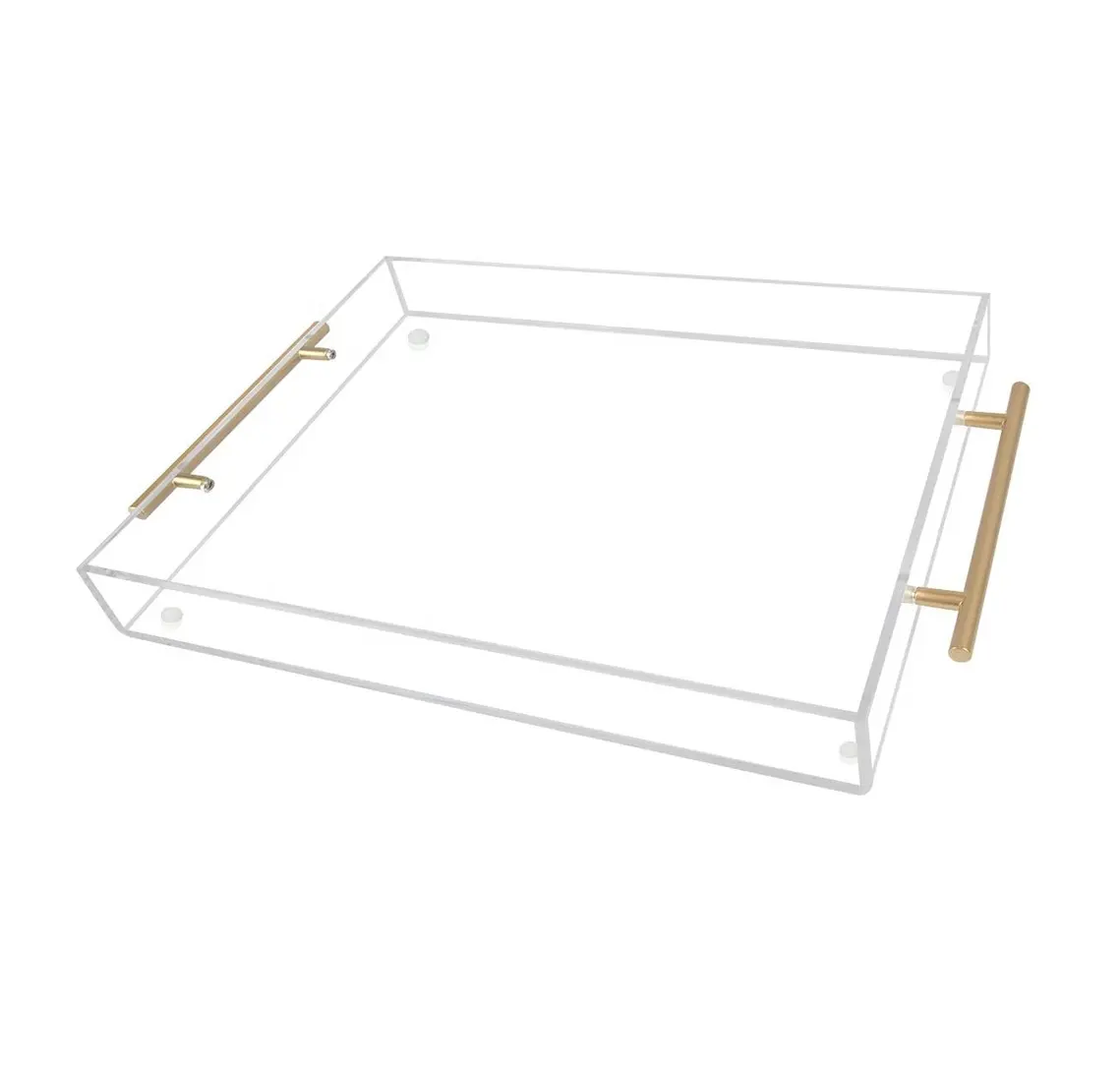 Clear Acrylic Serving Tray with Gold Metal Handles for Spill-Proof Stackable Organizer Food Drinks Server