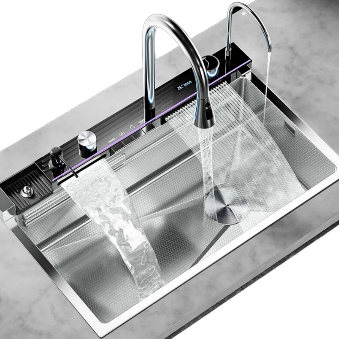 Stainless Steel Large Single Slot Bionic Honeycomb Black Wash Topmount / Apron Front Smart Kitchen Sink with Waterfall Faucet