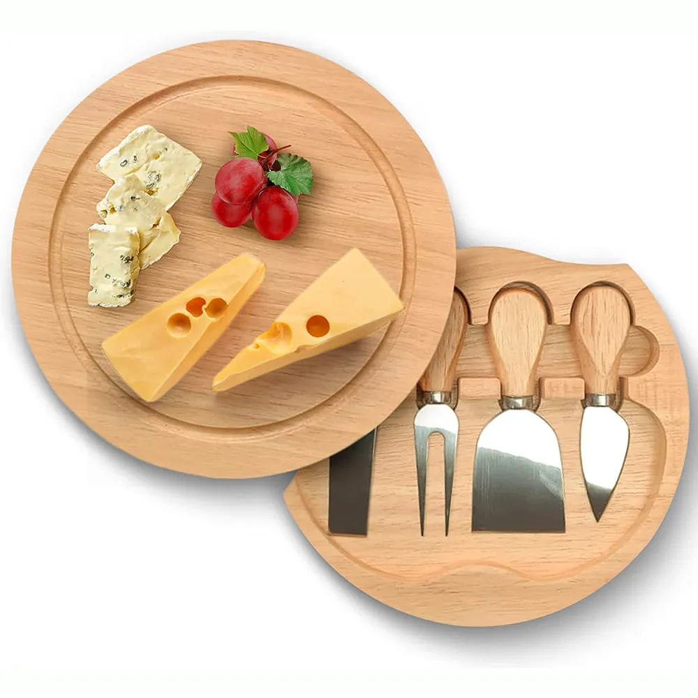 Premium 8 Inch Swiveling Round Wooden Cheese Platter Cutting Board Cheese Board Set With 4 Pcs Stainless Steel Cheese Knife