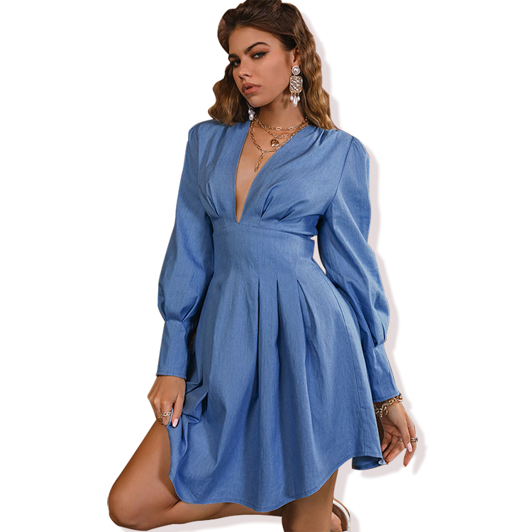 2021 Summer New Style V-neck Knee Length Long-Sleeve Solid Color Skirt Waist Slim Cotton Sexy Jean Denim Dresses