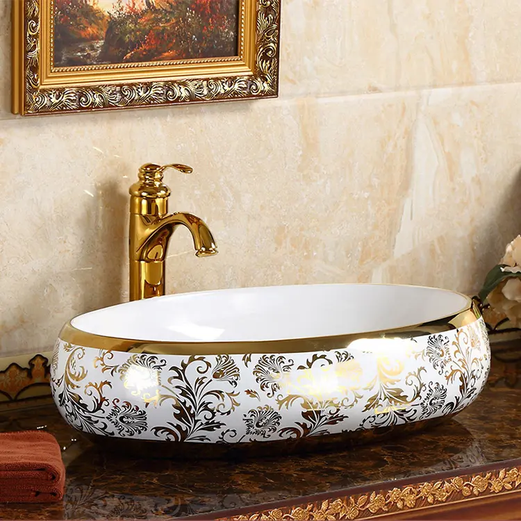 Basins Western Ceramic Lavabo Disegn Gold Rim Bathroom Hand Wash Basin With Flower Pattern