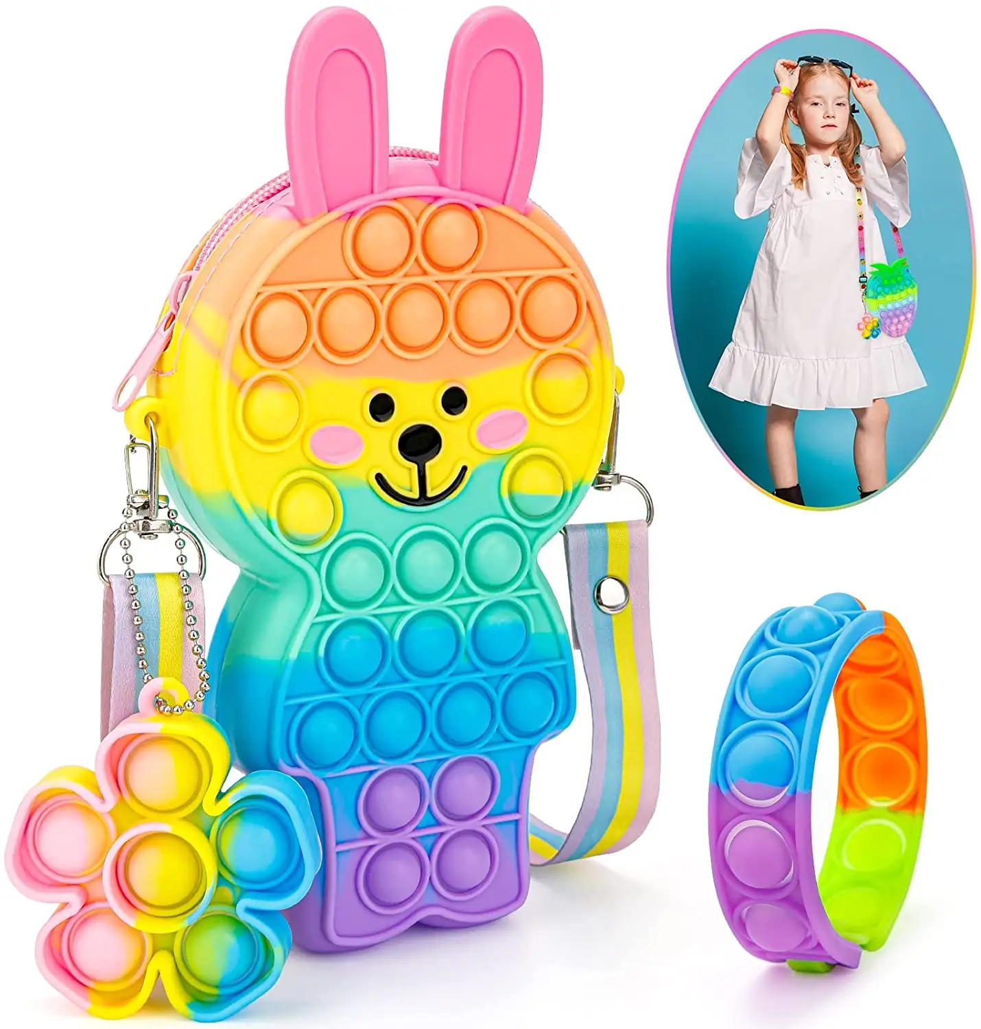 Cartoon Rabbit Pops Bags Push Bubbles Fidget Toy Popping Bubbles Shoulder Hand Bag Cross Purse For Girl